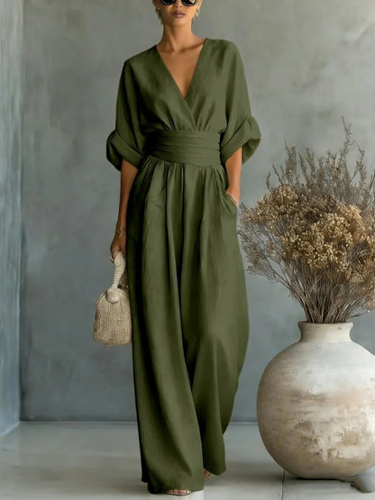 Vestido Elegante en V, Espalda Descubierta y Mangas Fluidas