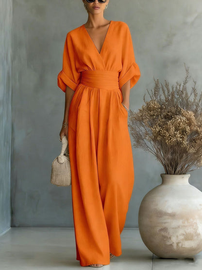 Vestido Elegante en V, Espalda Descubierta y Mangas Fluidas