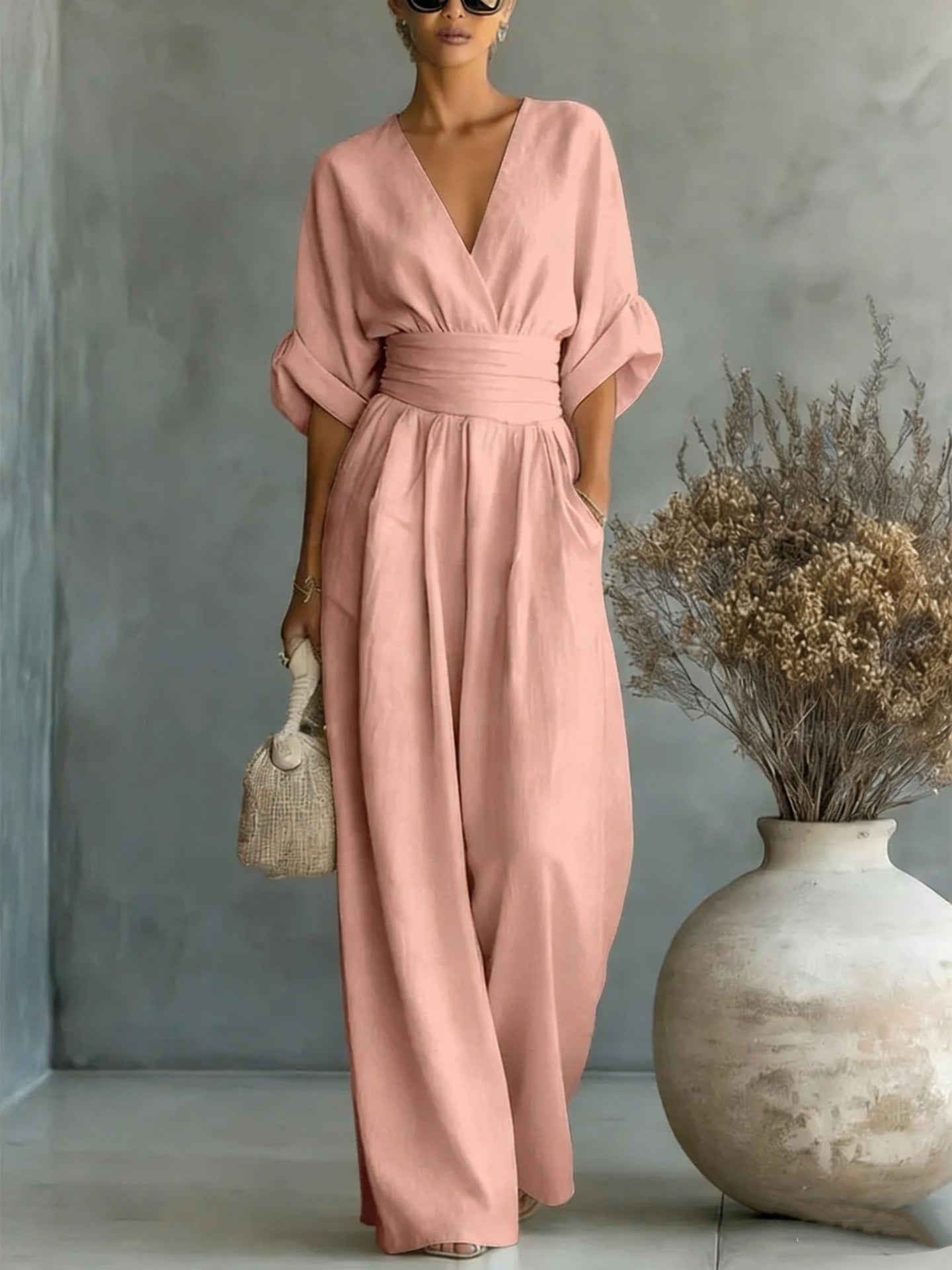 Vestido Elegante en V, Espalda Descubierta y Mangas Fluidas
