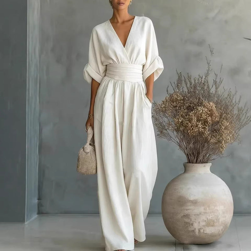 Vestido Elegante en V, Espalda Descubierta y Mangas Fluidas