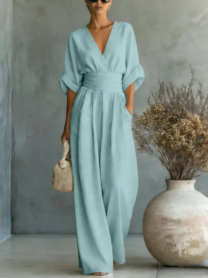 Vestido Elegante en V, Espalda Descubierta y Mangas Fluidas