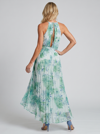 Vestido Midi Portia en Crepé Plisado con Cuello Halter y Estampado Floral