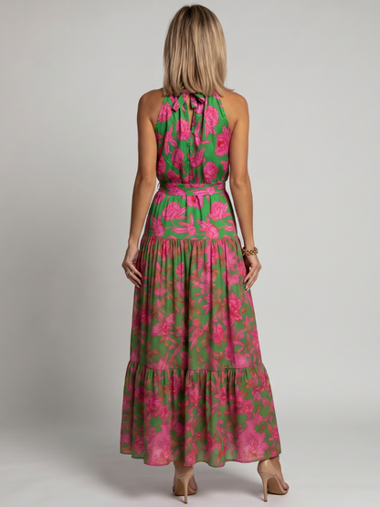 Vestido Midi Drapeado en Rosa con Escote Halter Elegante