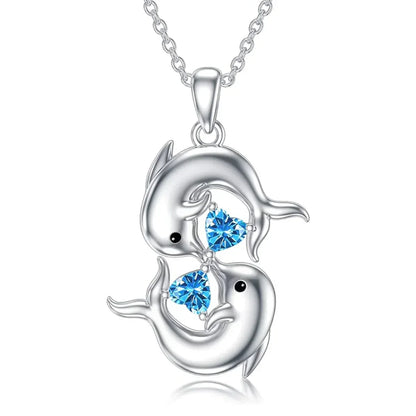 Collier en Argent avec Doubles Dauphins et Cristal Bleu