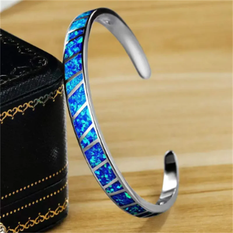Bracelet Ajustable Opale Bleu Fire en Argent