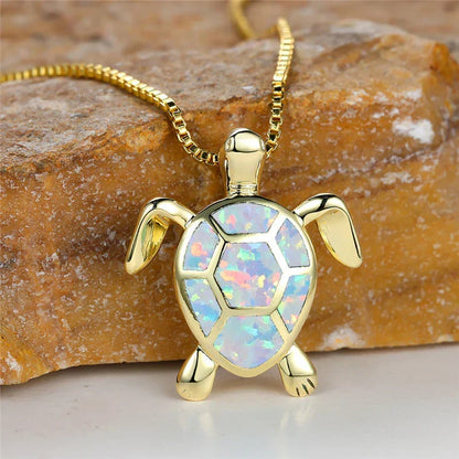 Collier Pendentif Tortue en Opale de Feu Verte Vintage