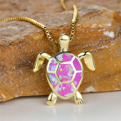 Collier Pendentif Tortue en Opale de Feu Verte Vintage