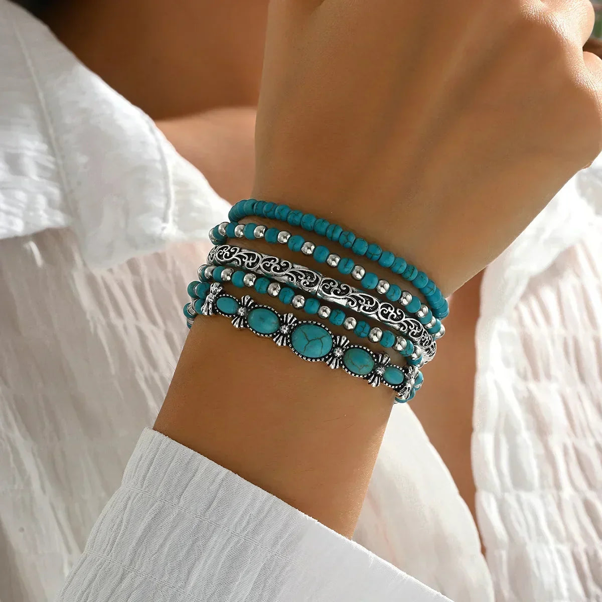 Conjunto de Pulseras Boho con Perlas Turquesas