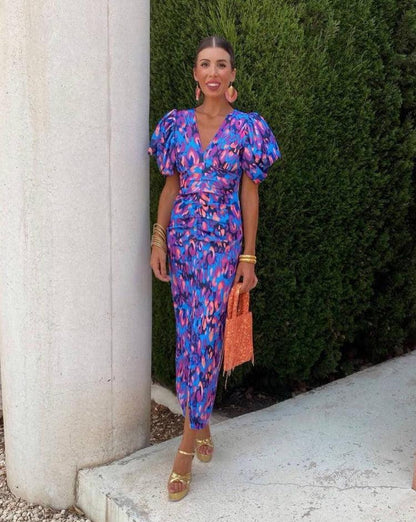 Vestido Lorena™ - Floral Midi Vibrante con Mangas Abullonadas