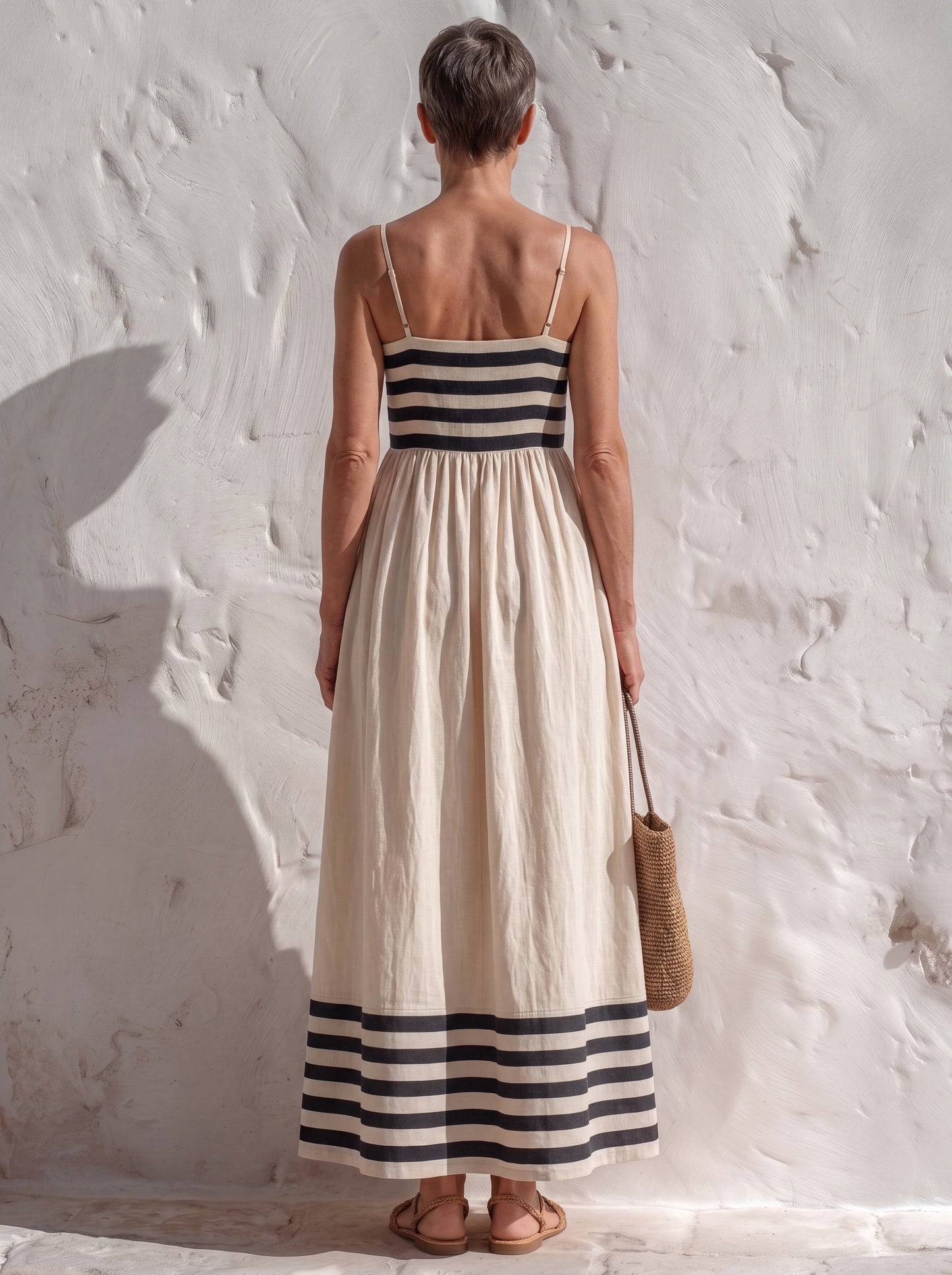 Marina™ | Vestido largo de rayas negras y beige con tirantes finos