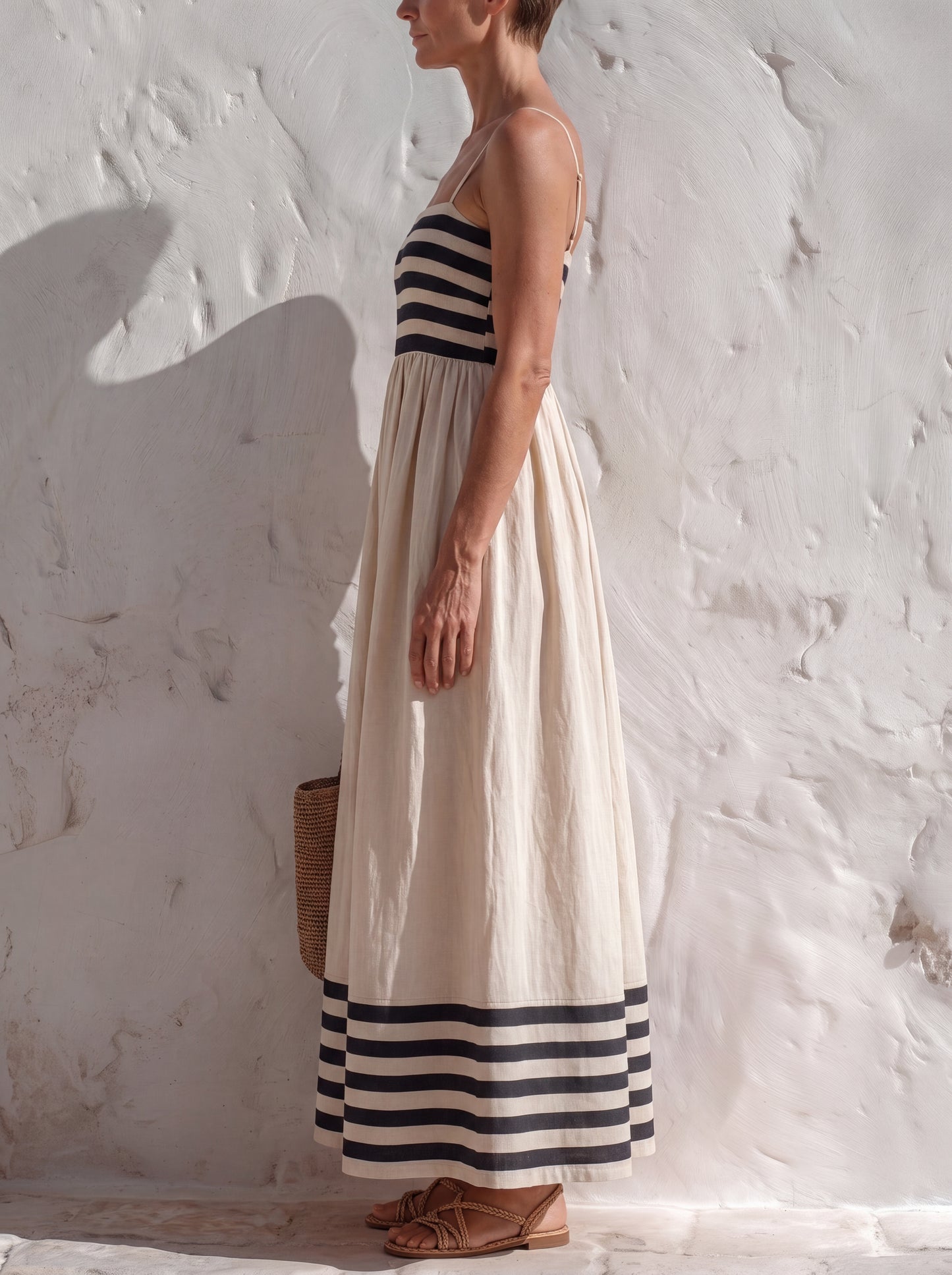 Marina™ | Vestido largo de rayas negras y beige con tirantes finos