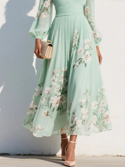 Lorena™ | Vestido Midi Verde Claro Floral