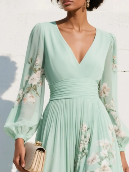 Lorena™ | Vestido Midi Verde Claro Floral