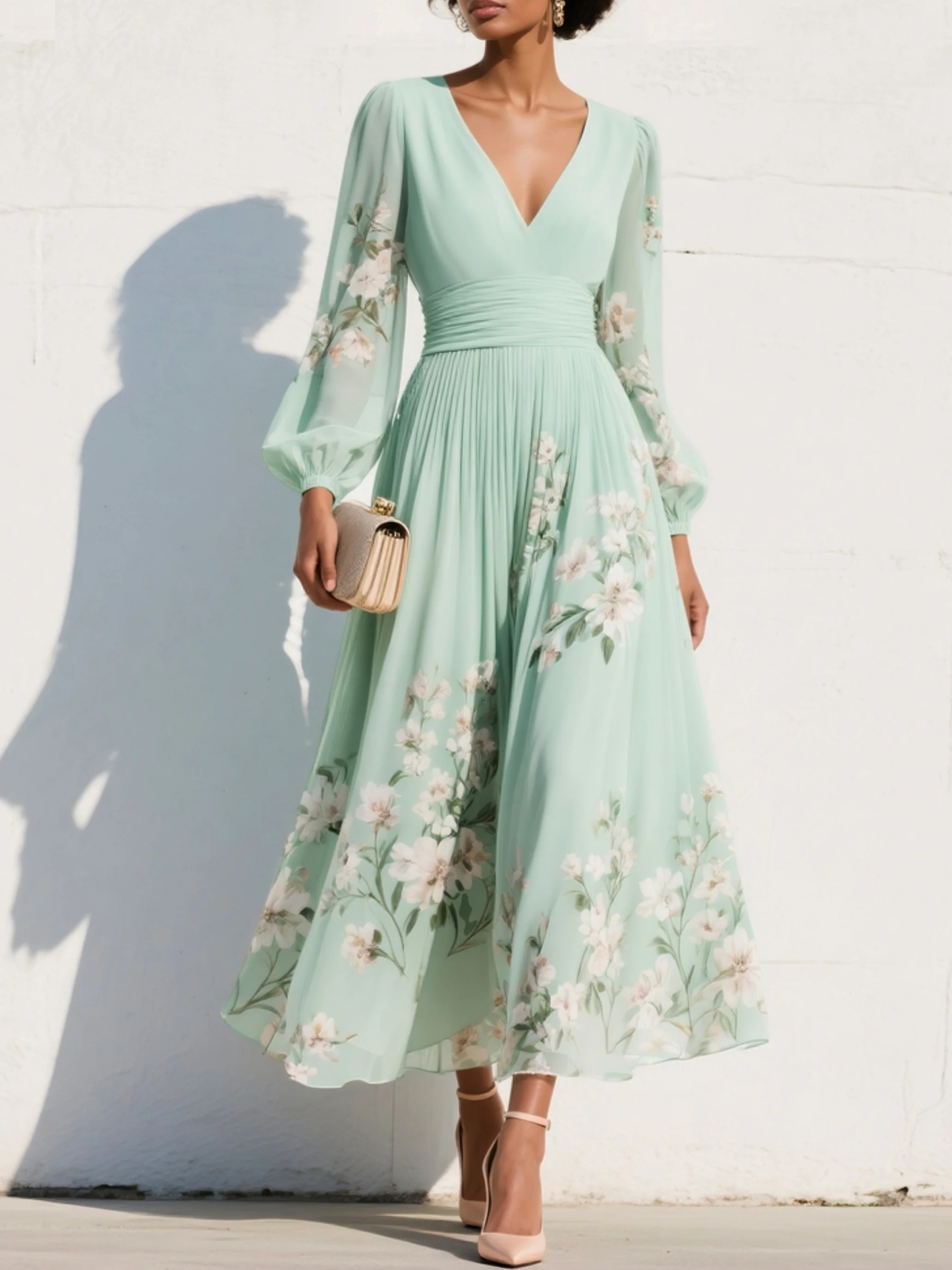 Lorena™ | Vestido Midi Verde Claro Floral