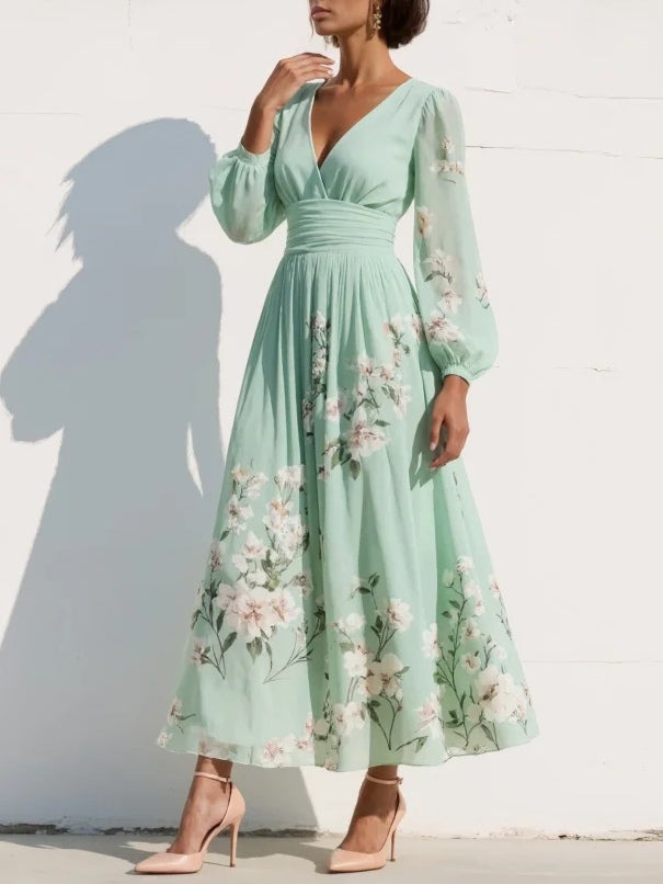 Lorena™ | Vestido Midi Verde Claro Floral
