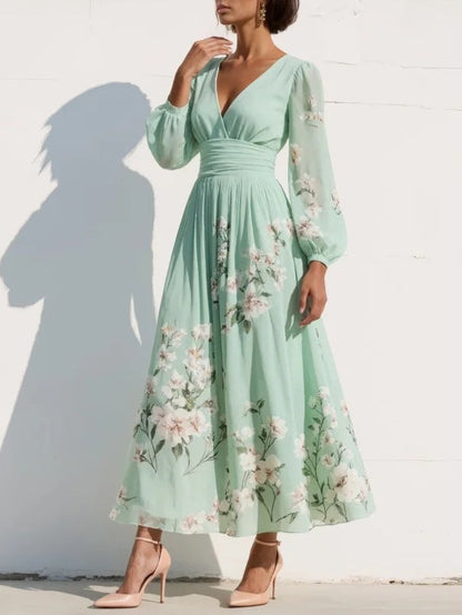 Lorena™ | Vestido Midi Verde Claro Floral