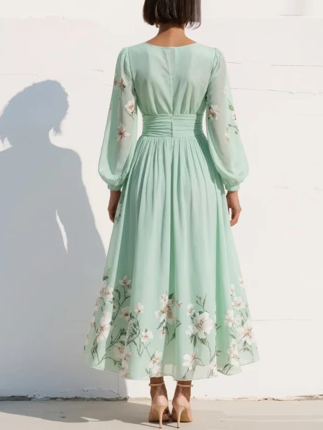 Lorena™ | Vestido Midi Verde Claro Floral