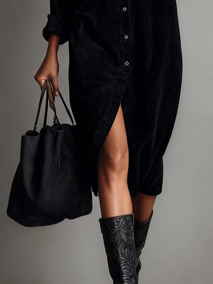 Inés™ | Vestido Midi de Pana con Bolsillos y Botón