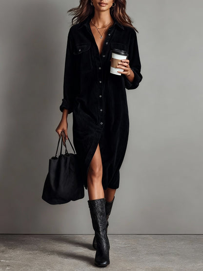 Inés™ | Vestido Midi de Pana con Bolsillos y Botón