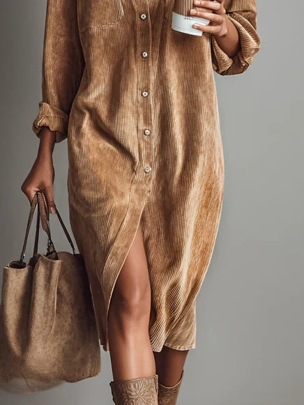 Inés™ | Vestido Midi de Pana con Bolsillos y Botón