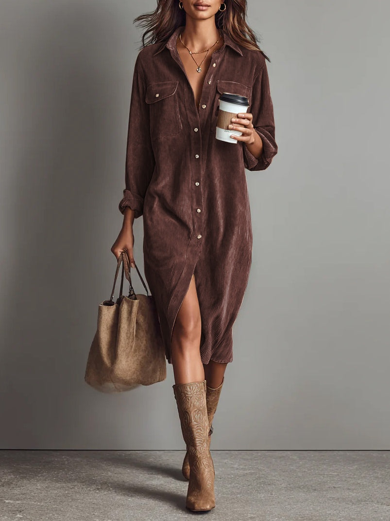 Inés™ | Vestido Midi de Pana con Bolsillos y Botón
