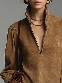 Silvia™ | Vestido Amplio Efecto Ante con Cremallera y Cuello Alto