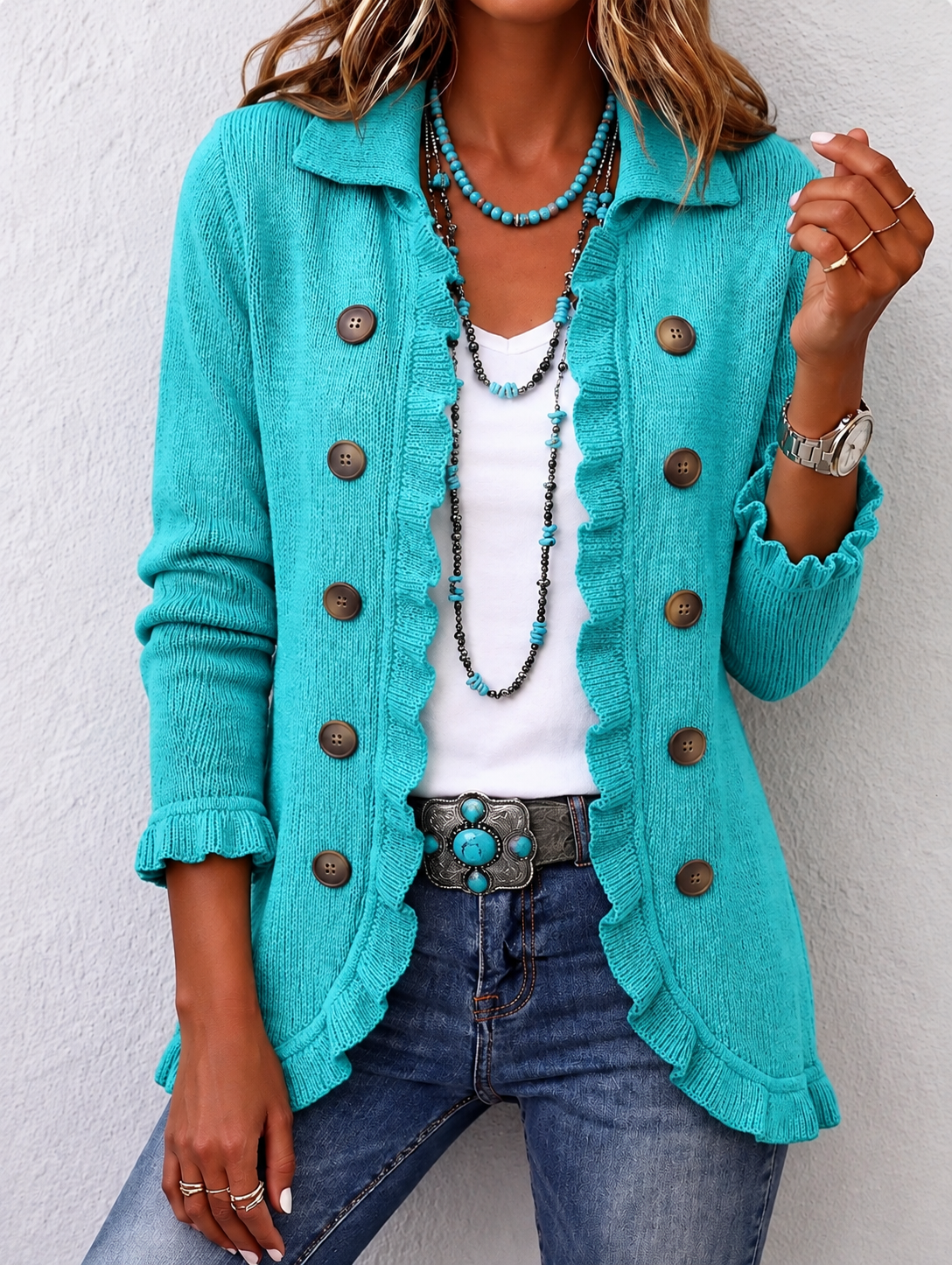 Yolanda™ | Chaqueta de Punto Turquesa con Volantes