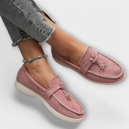 Blanca™ - Mocasines beige femeninos con cordón decorativo
