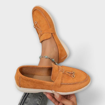 Blanca™ - Mocasines beige femeninos con cordón decorativo
