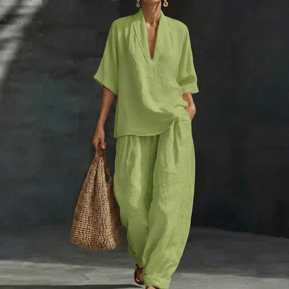 Conjunto Dolores™ | Conjunto de lino con mangas murciélago y pantalón ancho