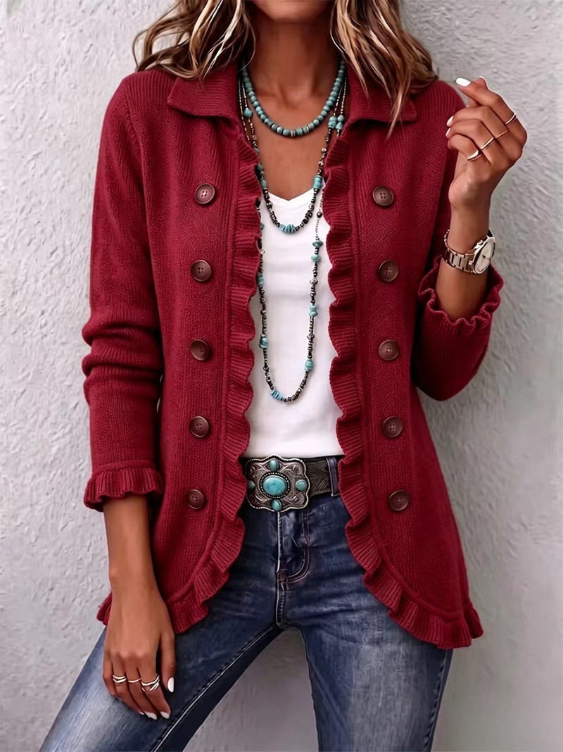 Rosa™ | Chaqueta de Punto Rojo Rubí con Volantes