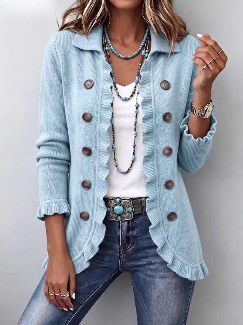 Cloe™ | Chaqueta de Punto Azul Cielo con Volantes