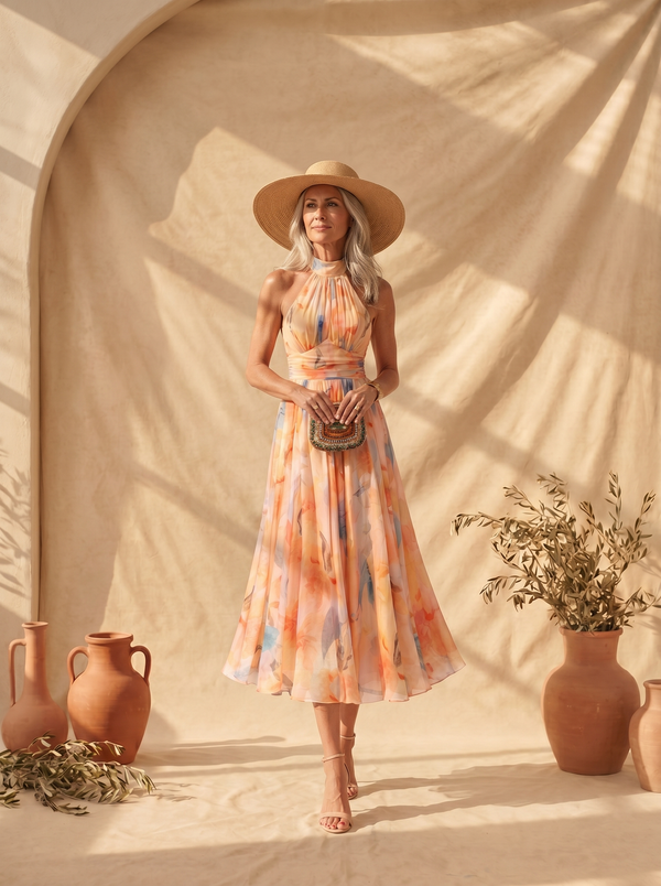 Aurora™ | Vestido Cuello Halter con Estampado Acuarela