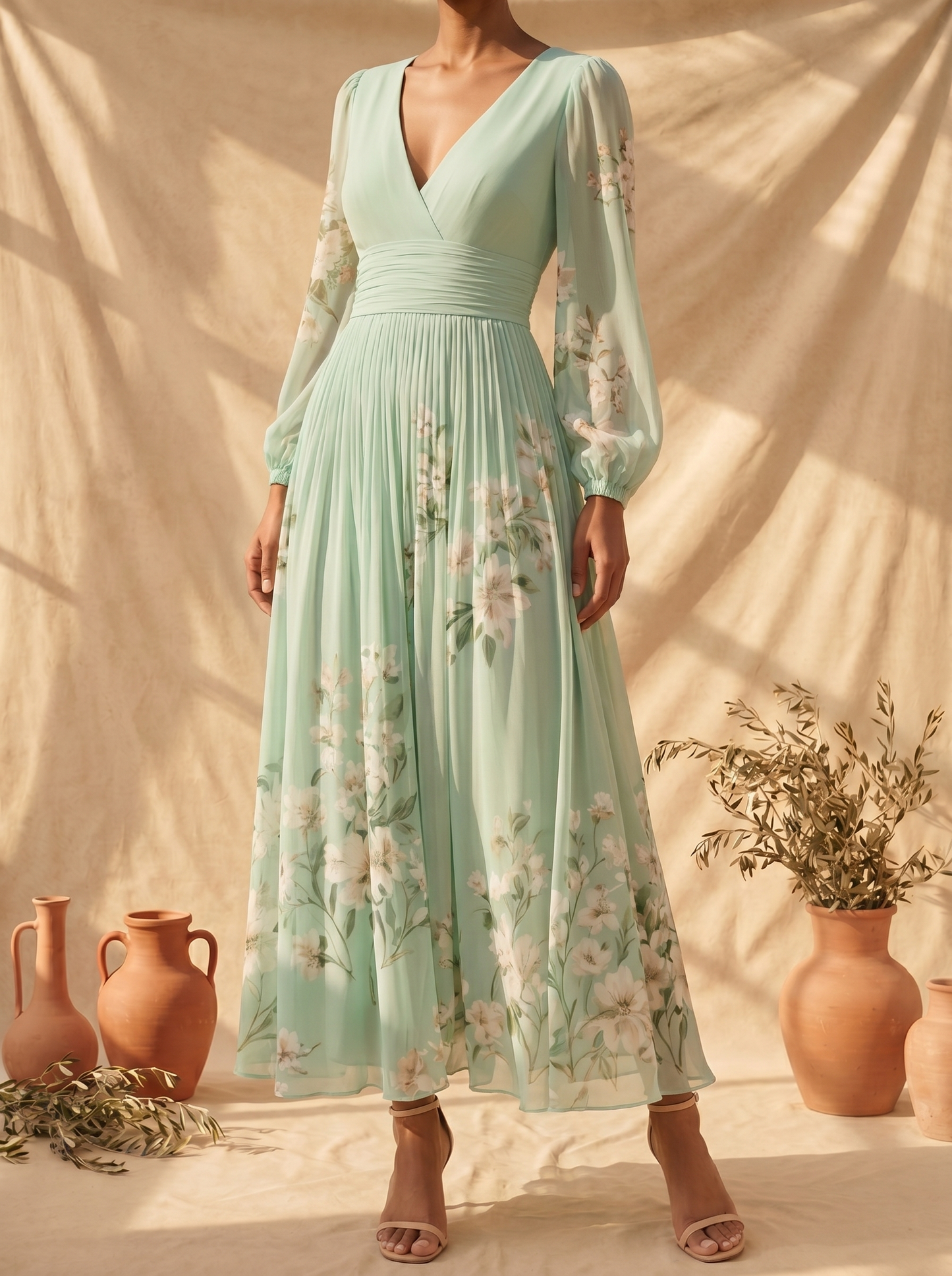 Lorena™ | Vestido Midi Verde Claro Floral