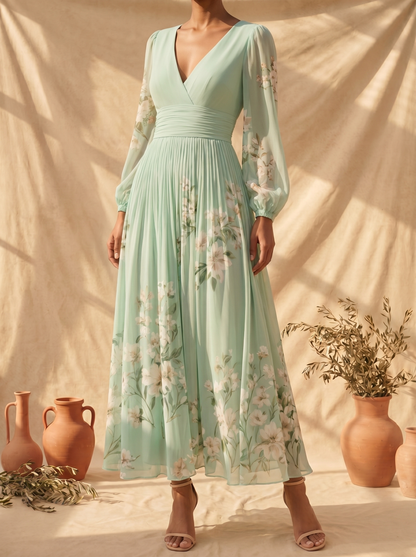 Lorena™ | Vestido Midi Verde Claro Floral