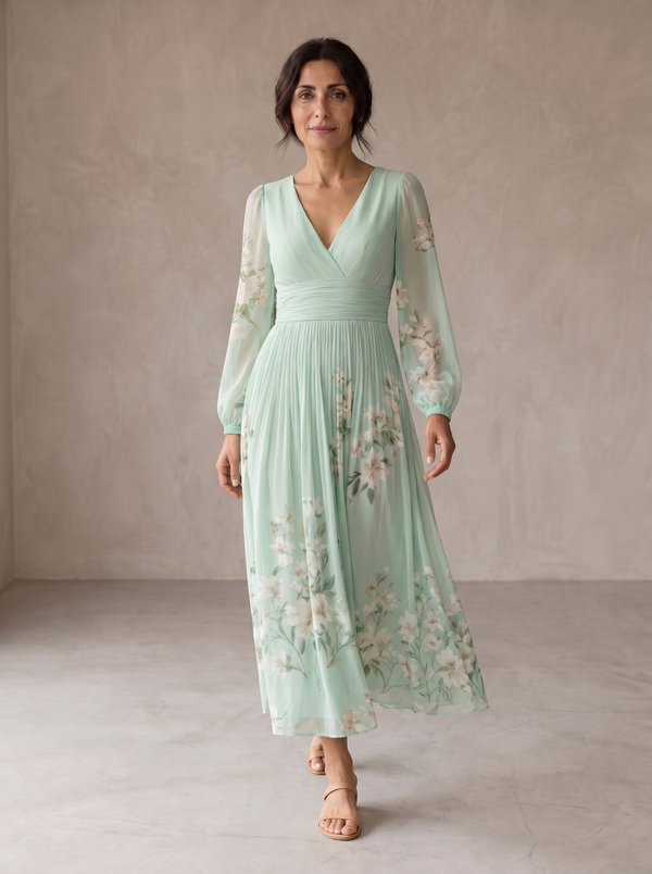 Lorena™ | Vestido Midi Verde Claro Floral