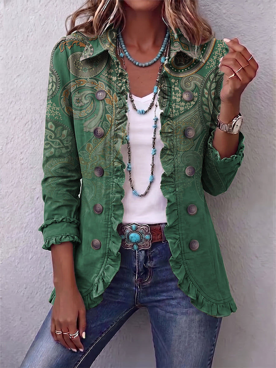 Fortunata™ | Chaqueta Verde con Estampado Cachemir y Volantes