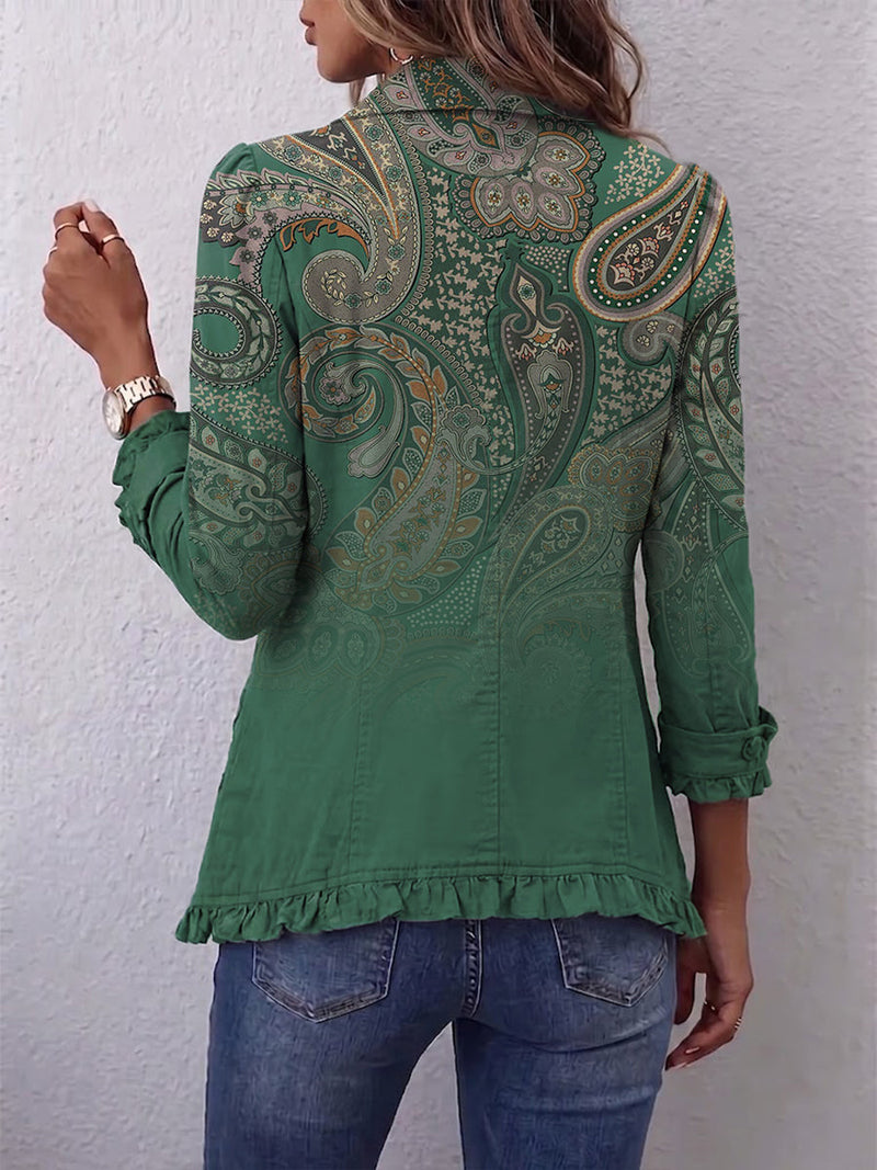 Fortunata™ | Chaqueta Verde con Estampado Cachemir y Volantes