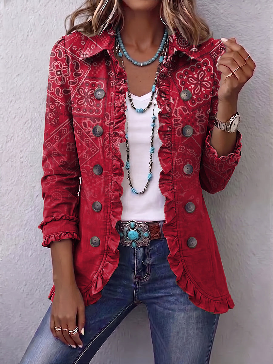 Gertrudis™ | Chaqueta Roja con Estampado Cachemir Degradado y Volantes