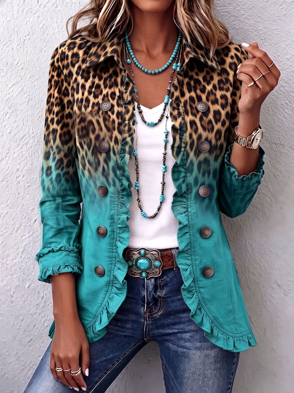 Maura™ | Blazer de Leopardo Degradado con Volantes