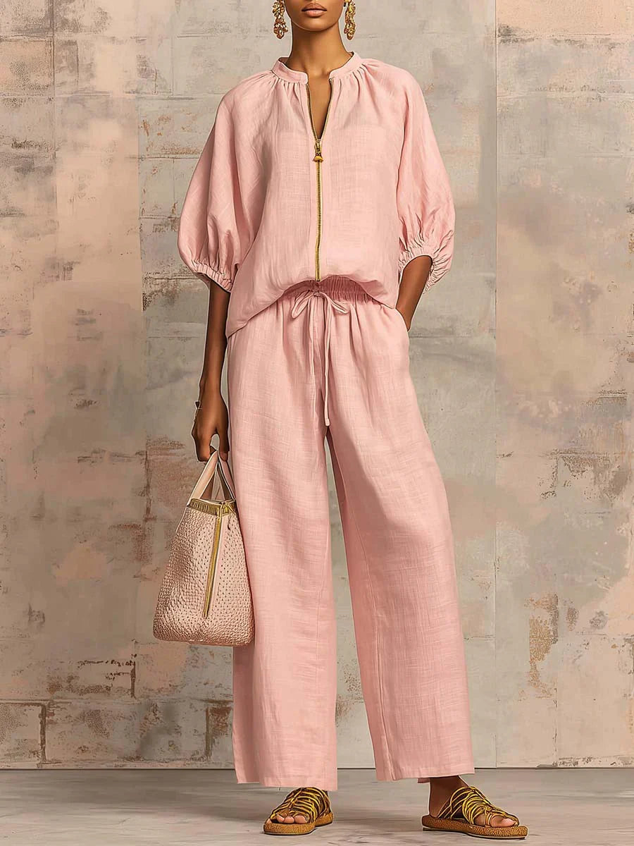Conjunto Alba™ | Conjunto de lino con mangas murciélago y pantalón ancho