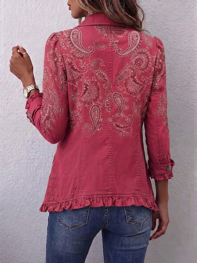 Apolonia™ | Chaqueta Rosa con Estampado Cachemir y Volantes
