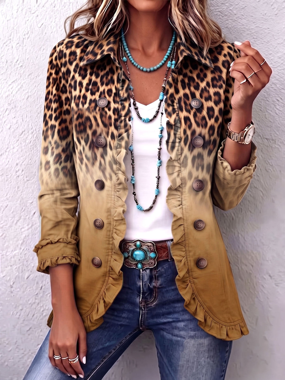 Carmela™ | Blazer de Leopardo Ocre con Volantes