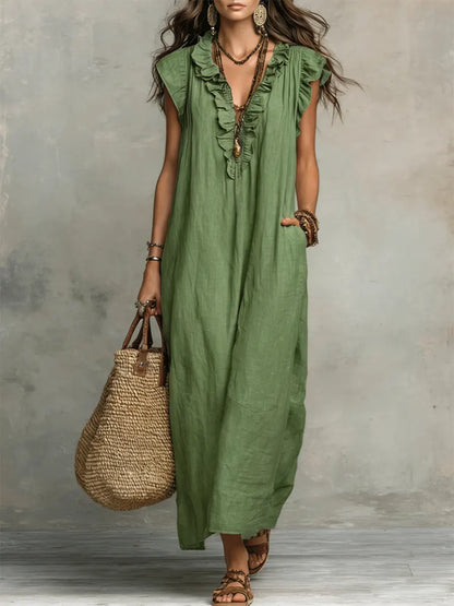 Vestido Alba™ | Diseño largo bohemio de lino y algodón con volantes