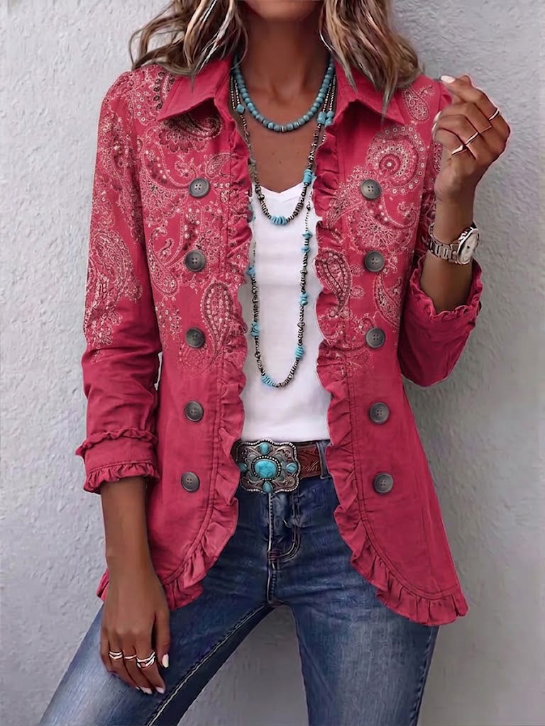 Apolonia™ | Chaqueta Rosa con Estampado Cachemir y Volantes