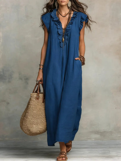Vestido Alba™ | Diseño largo bohemio de lino y algodón con volantes