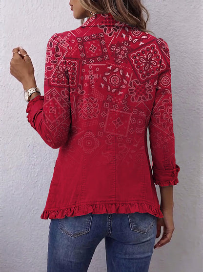Gertrudis™ | Chaqueta Roja con Estampado Cachemir Degradado y Volantes